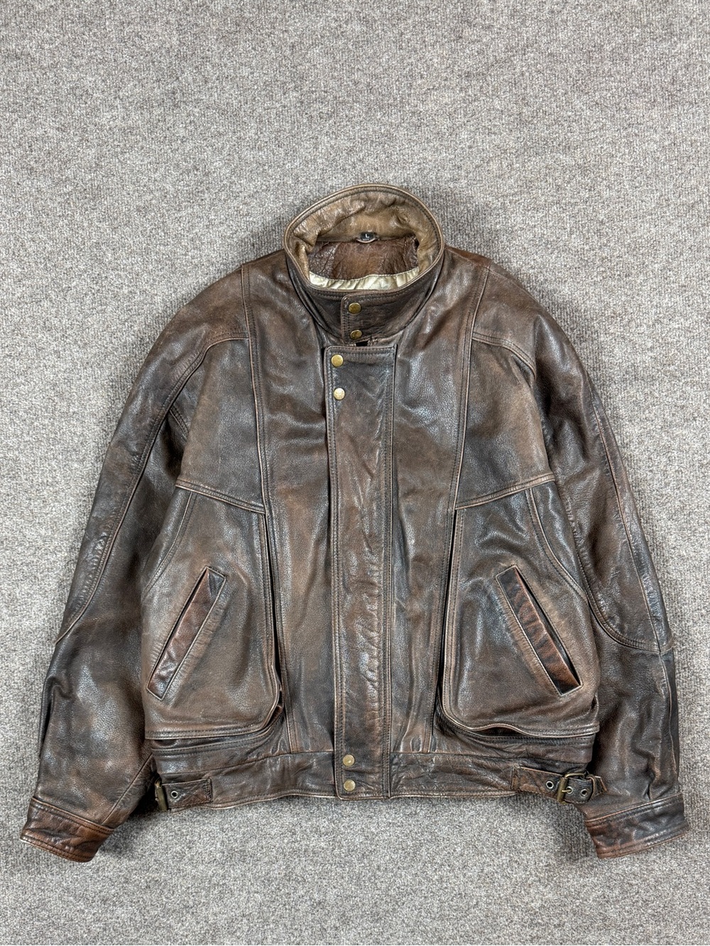 Vintage Adventure Bound Brown Leather Bomber Jacket Men’s L Funnel Neck Patina